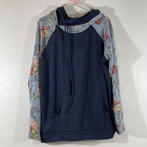 7th Ray Unique Hooded Cowl Neck Double Hoodie Floral Long Sleeve Size 1XL